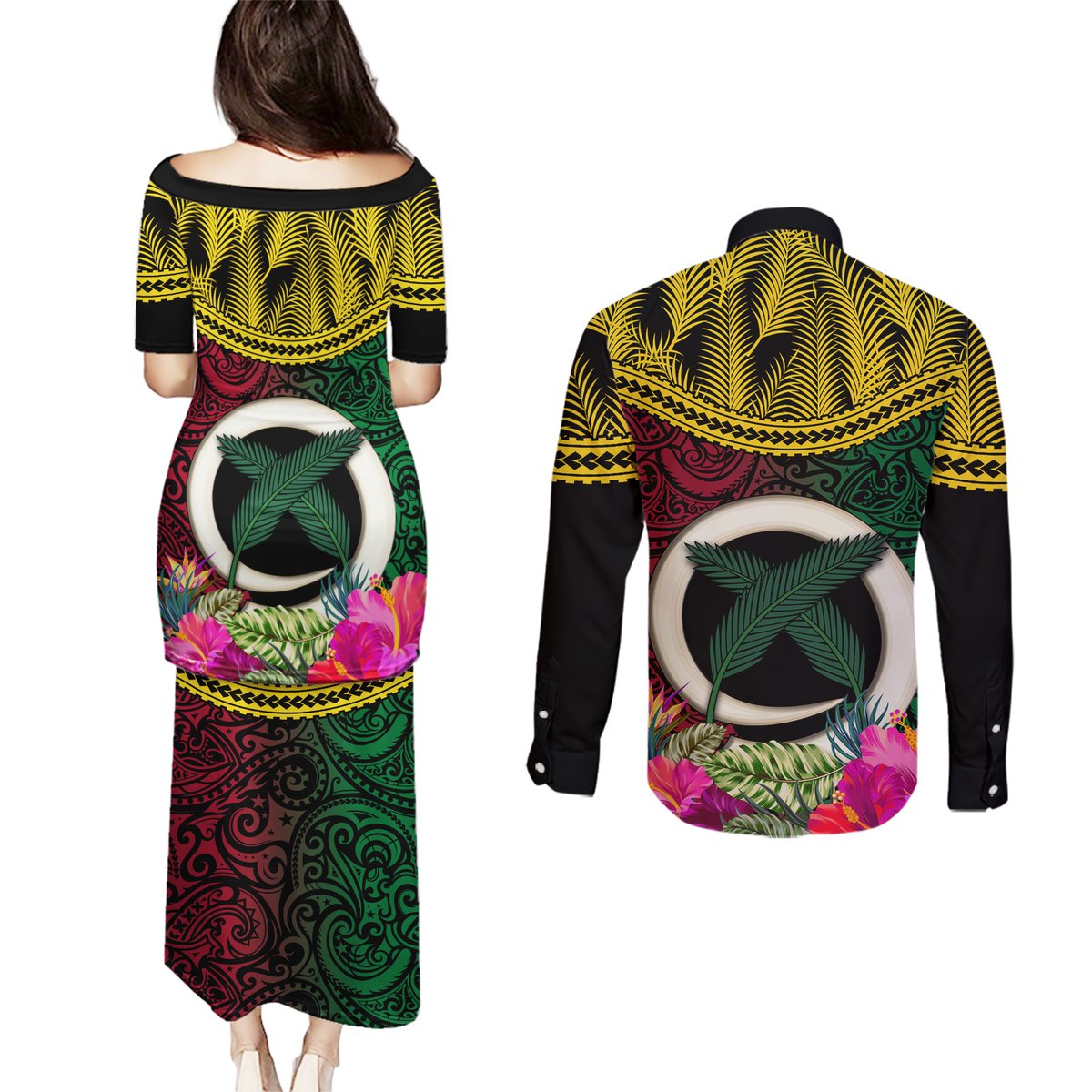 Vanuatu 44th Anniversary Independence Day Couples Matching Puletasi and Long Sleeve Button Shirt Boars Tusk and Namele Plant LT03 - Polynesian Pride