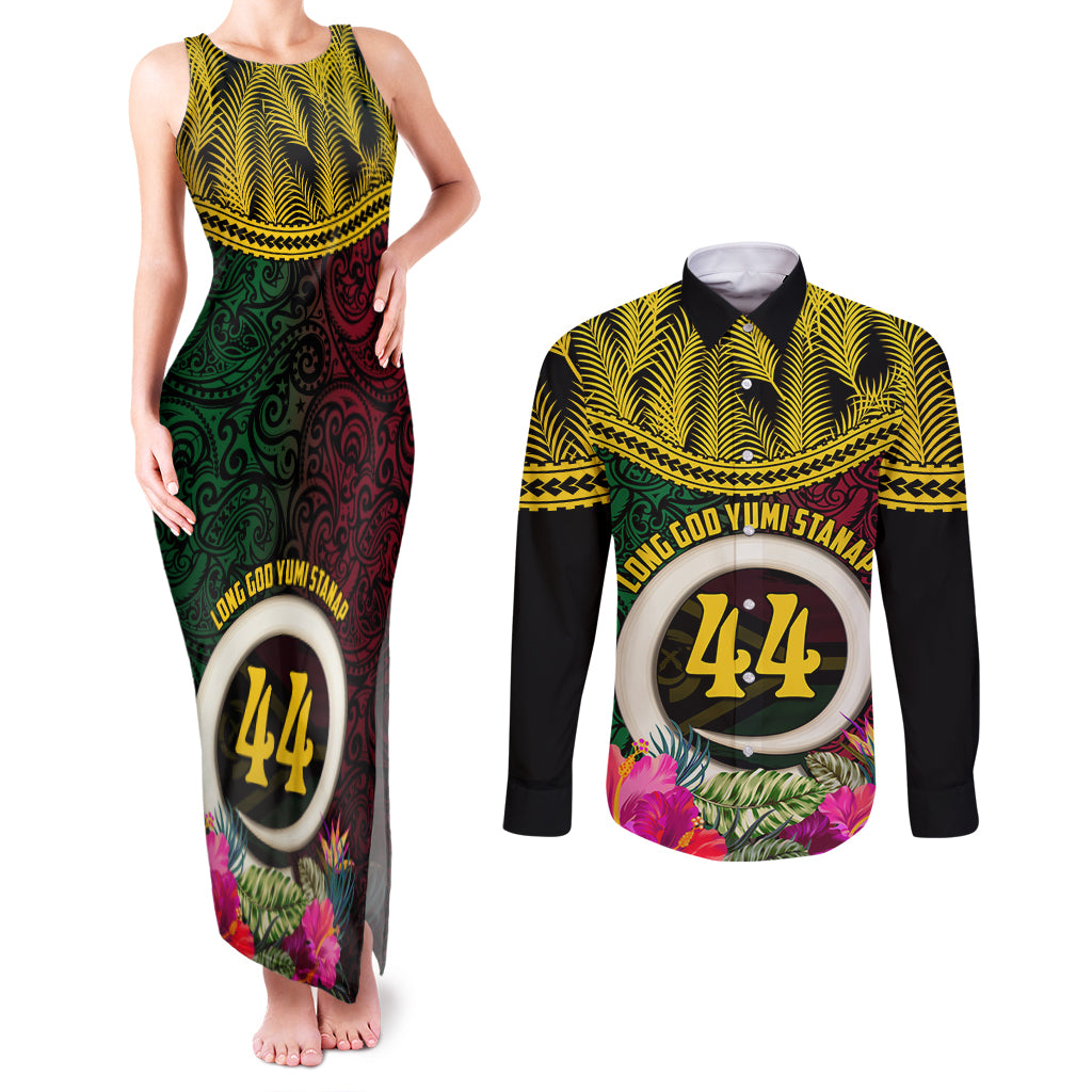 Vanuatu 44th Anniversary Independence Day Couples Matching Tank Maxi Dress and Long Sleeve Button Shirt Boars Tusk and Namele Plant LT03 Black - Polynesian Pride