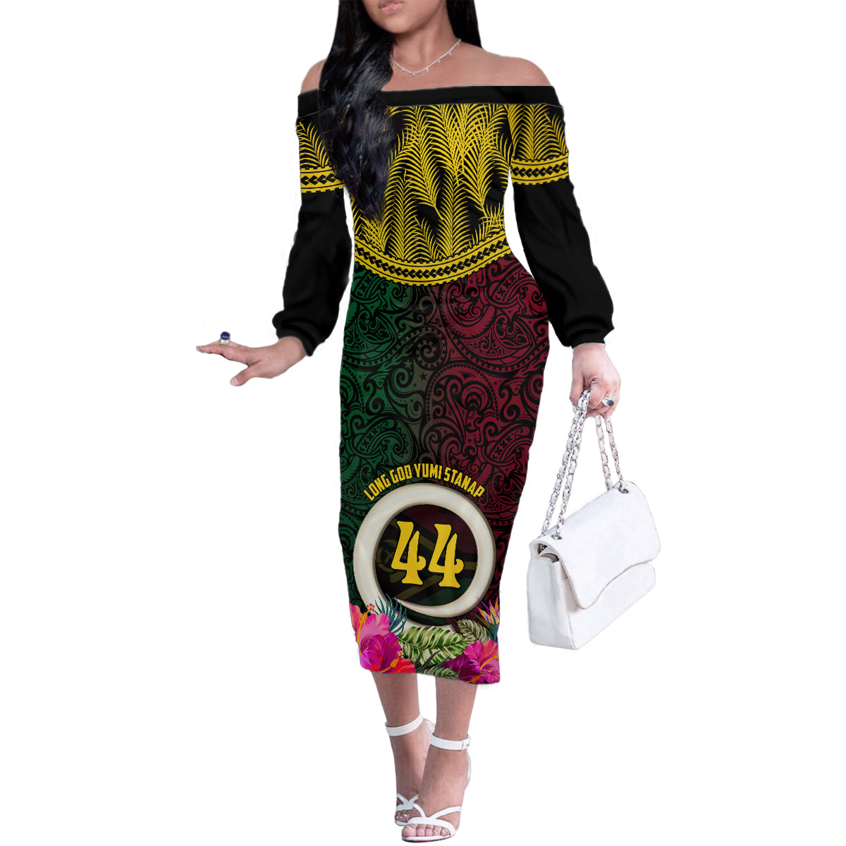 Vanuatu 44th Anniversary Independence Day Family Matching Off The Shoulder Long Sleeve Dress and Hawaiian Shirt Boars Tusk and Namele Plant LT03