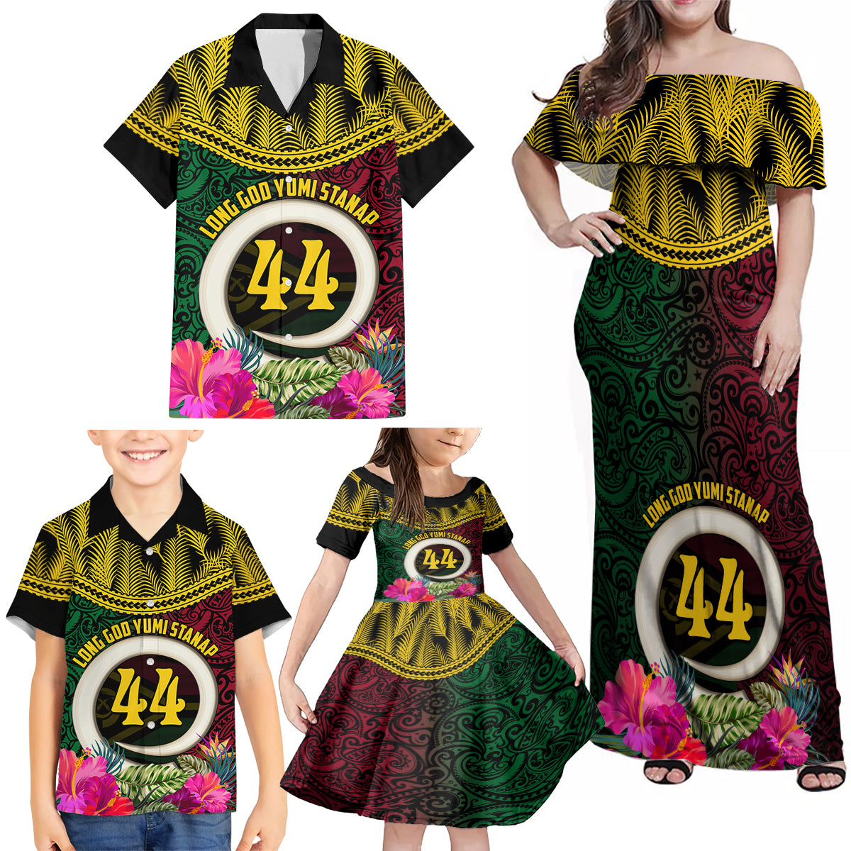 Vanuatu 44th Anniversary Independence Day Family Matching Off Shoulder Maxi Dress and Hawaiian Shirt Boars Tusk and Namele Plant LT03