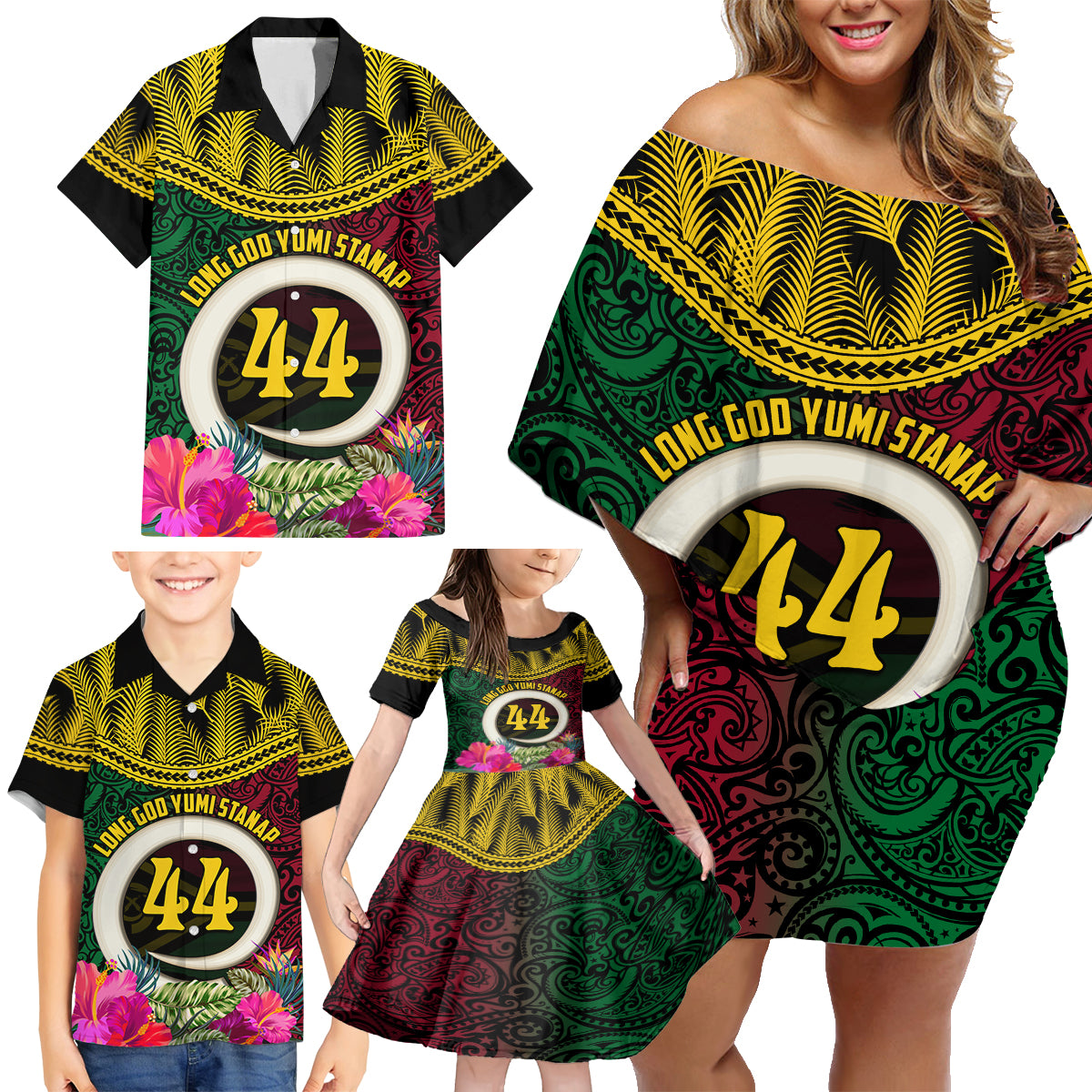 Vanuatu 44th Anniversary Independence Day Family Matching Off Shoulder Short Dress and Hawaiian Shirt Boars Tusk and Namele Plant LT03