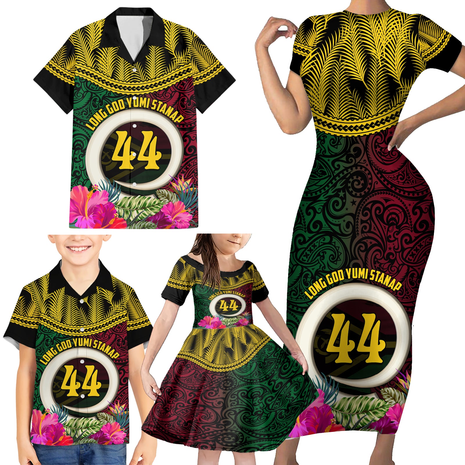 Vanuatu 44th Anniversary Independence Day Family Matching Short Sleeve Bodycon Dress and Hawaiian Shirt Boars Tusk and Namele Plant LT03