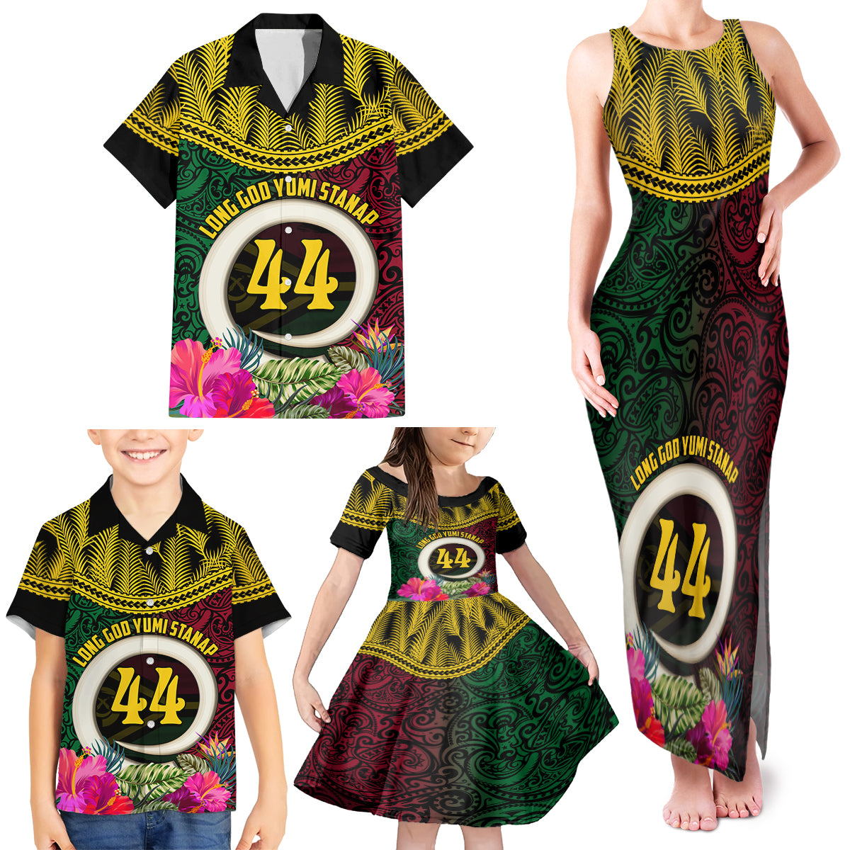 Vanuatu 44th Anniversary Independence Day Family Matching Tank Maxi Dress and Hawaiian Shirt Boars Tusk and Namele Plant LT03