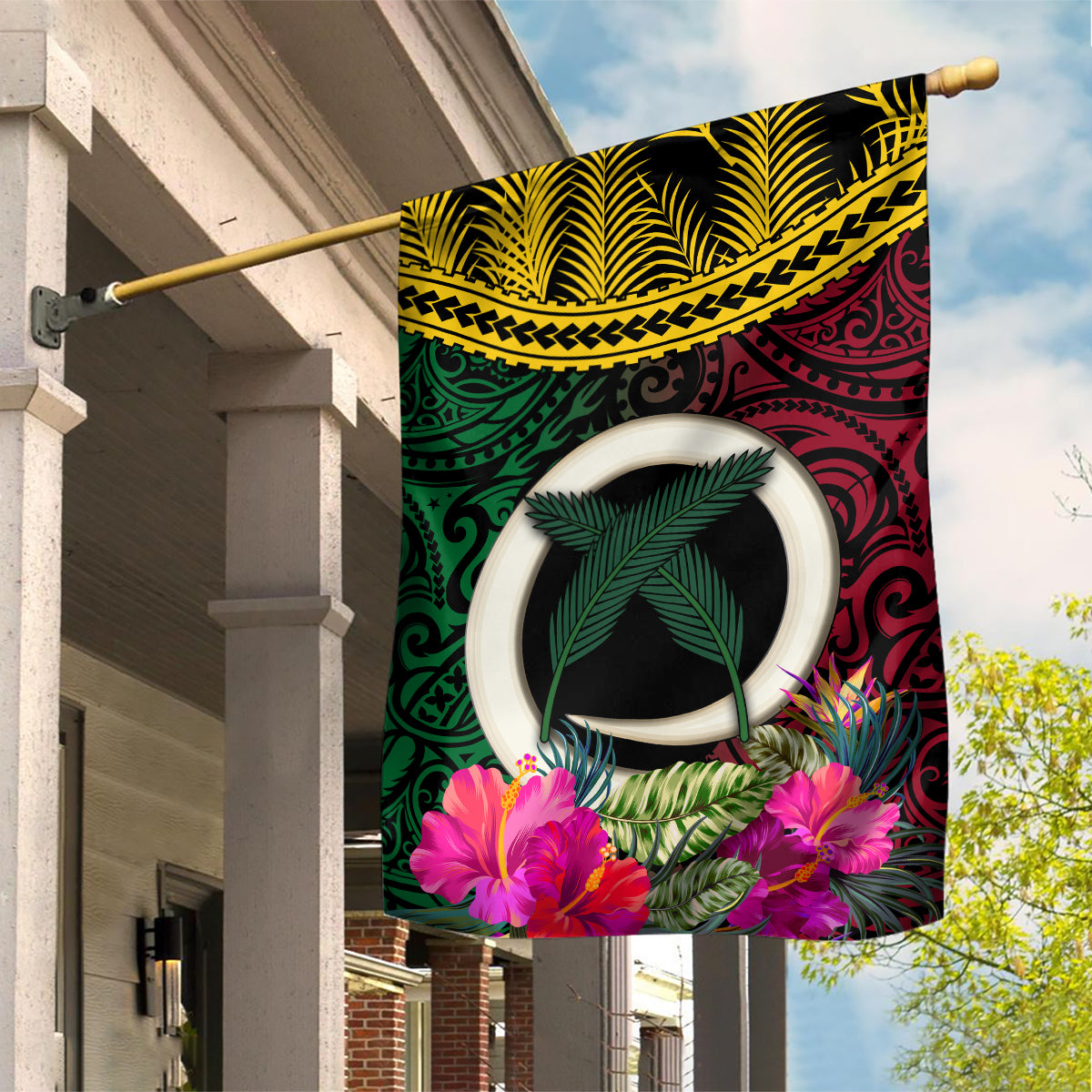 Vanuatu 44th Anniversary Independence Day Garden Flag Boars Tusk and Namele Plant LT03 House Flag Black - Polynesian Pride