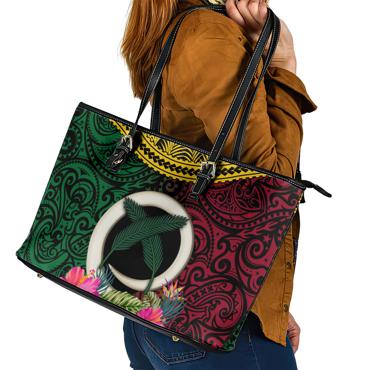 Vanuatu 44th Anniversary Independence Day Leather Tote Bag Boars Tusk and Namele Plant LT03