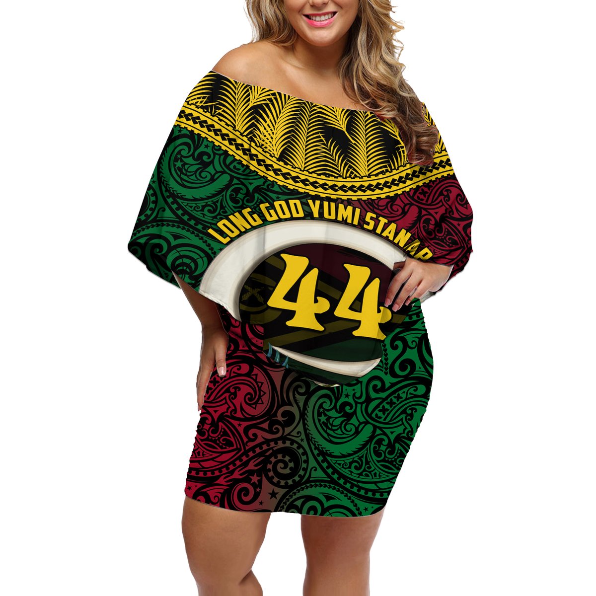 Vanuatu 44th Anniversary Independence Day Off Shoulder Short Dress Boars Tusk and Namele Plant LT03 Women Black - Polynesian Pride