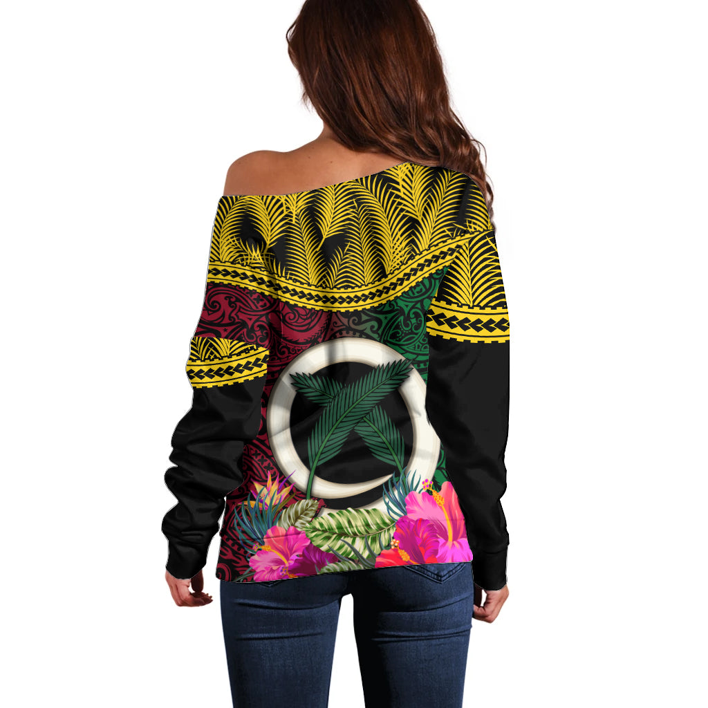 Vanuatu 44th Anniversary Independence Day Off Shoulder Sweater Boars Tusk and Namele Plant LT03