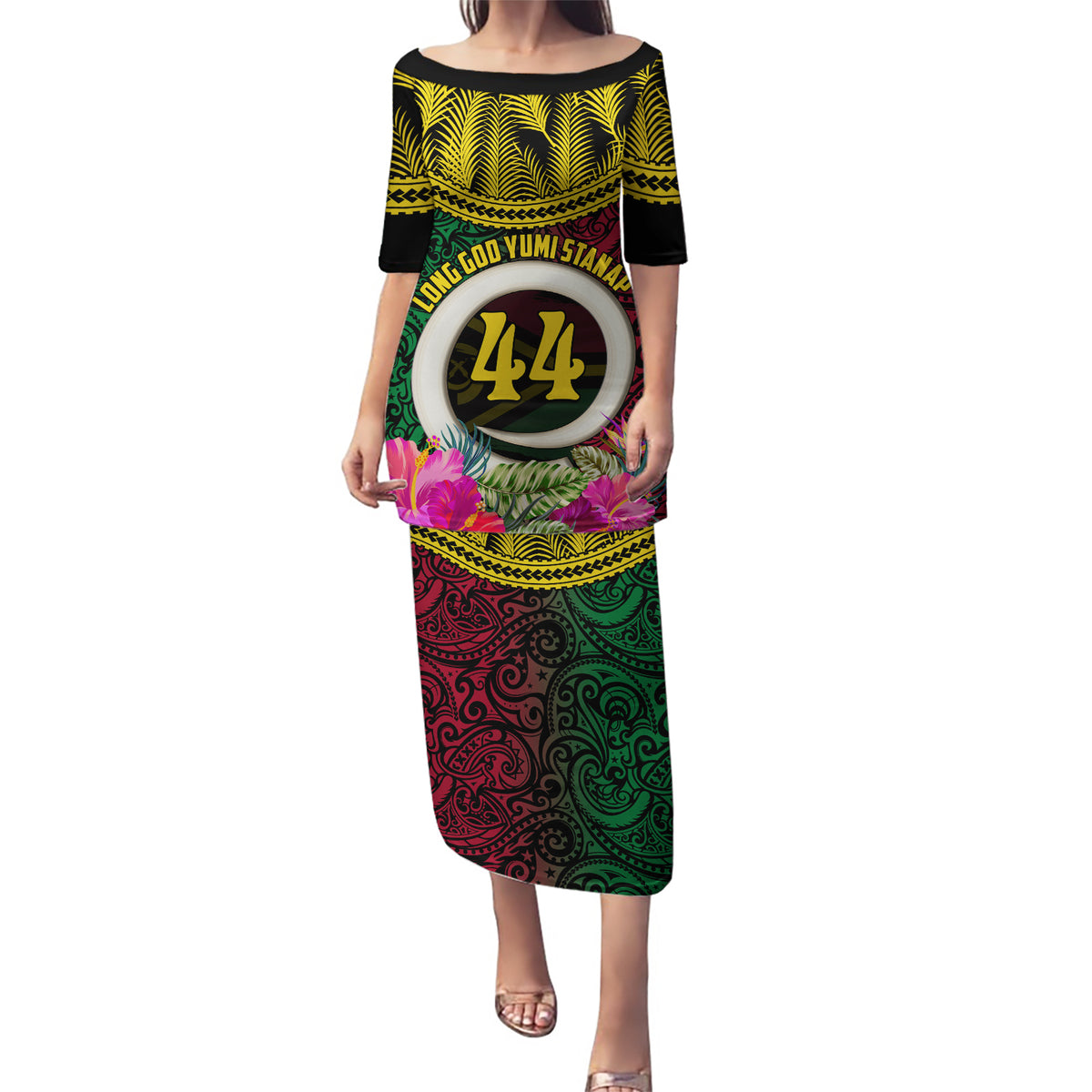 Vanuatu 44th Anniversary Independence Day Puletasi Boars Tusk and Namele Plant LT03 Long Dress Black - Polynesian Pride
