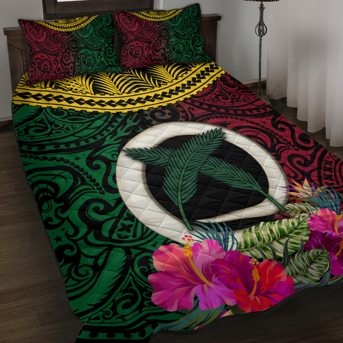 Vanuatu 44th Anniversary Independence Day Quilt Bed Set Boars Tusk and Namele Plant LT03 Black - Polynesian Pride
