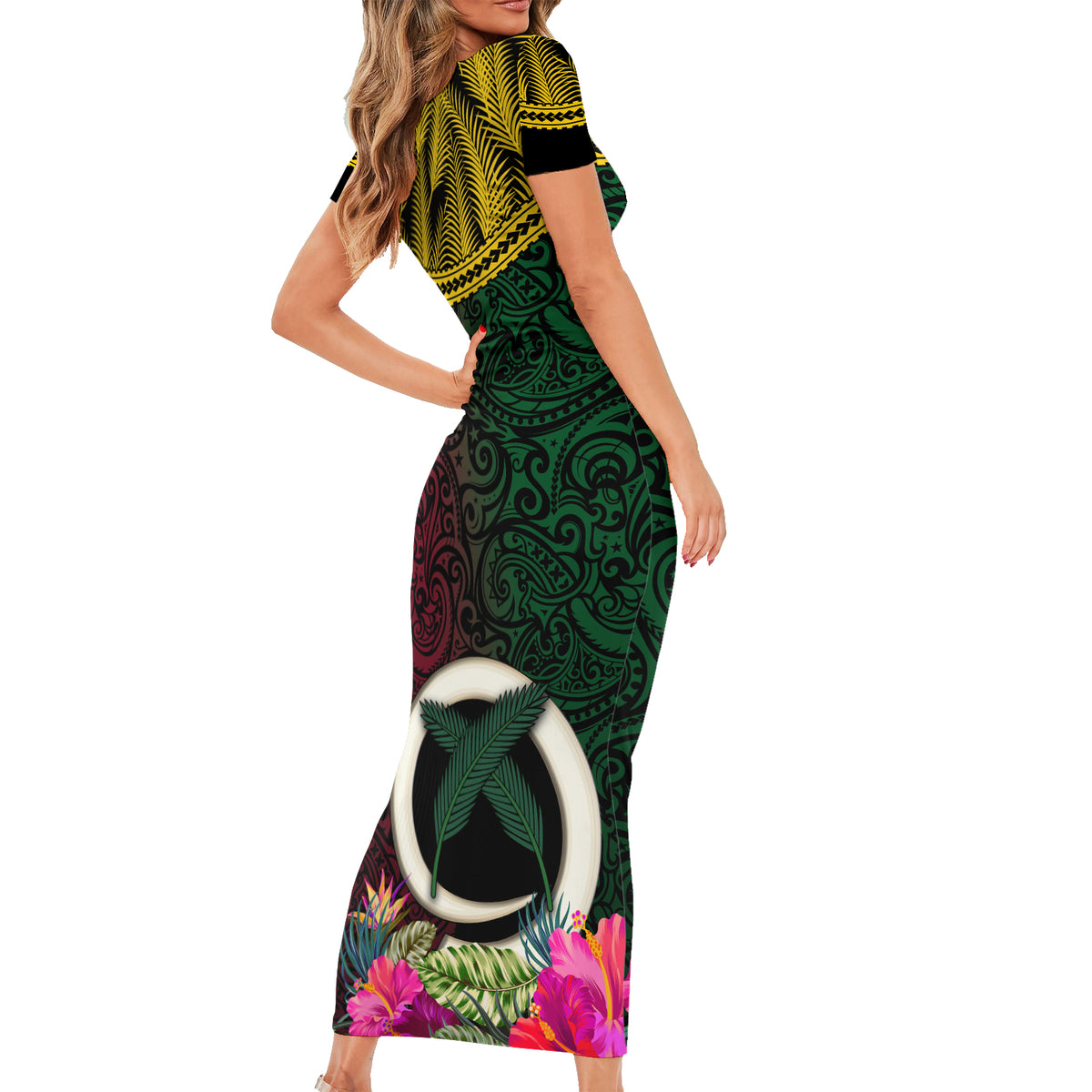 Vanuatu 44th Anniversary Independence Day Short Sleeve Bodycon Dress Boars Tusk and Namele Plant LT03