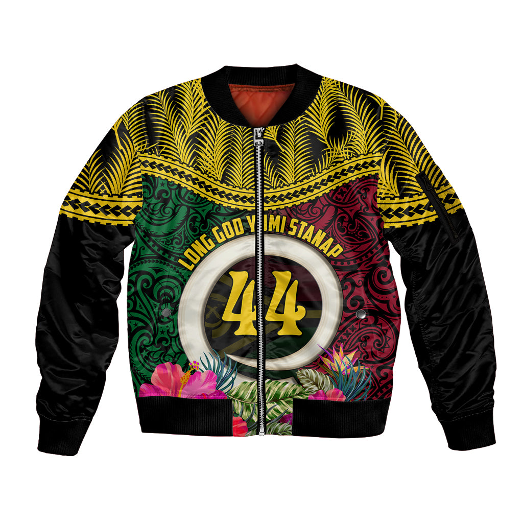 Vanuatu 44th Anniversary Independence Day Sleeve Zip Bomber Jacket Boars Tusk and Namele Plant LT03 Unisex Black - Polynesian Pride