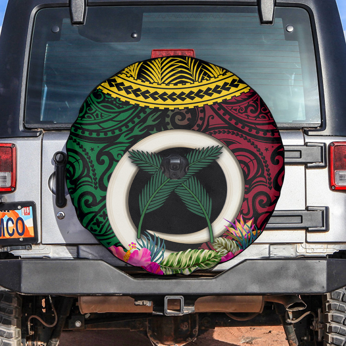 Vanuatu 44th Anniversary Independence Day Spare Tire Cover Boars Tusk and Namele Plant LT03 Black - Polynesian Pride