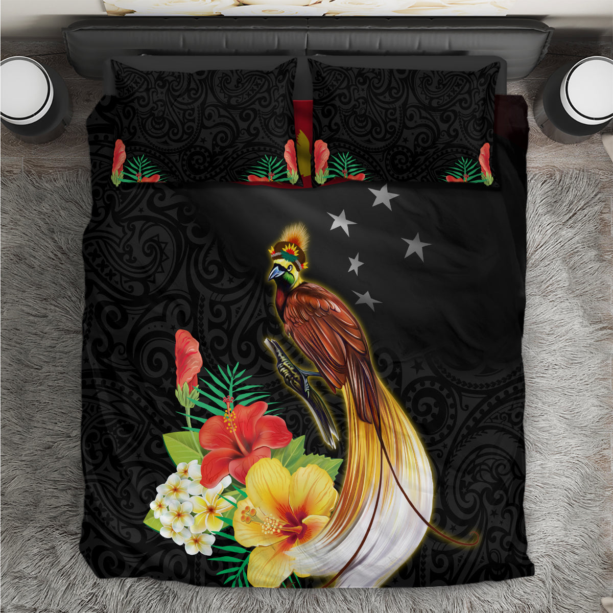 Papua New Guinea Independence Day Bedding Set PNG Flag and Bird-of-Paradise LT03 Black - Polynesian Pride