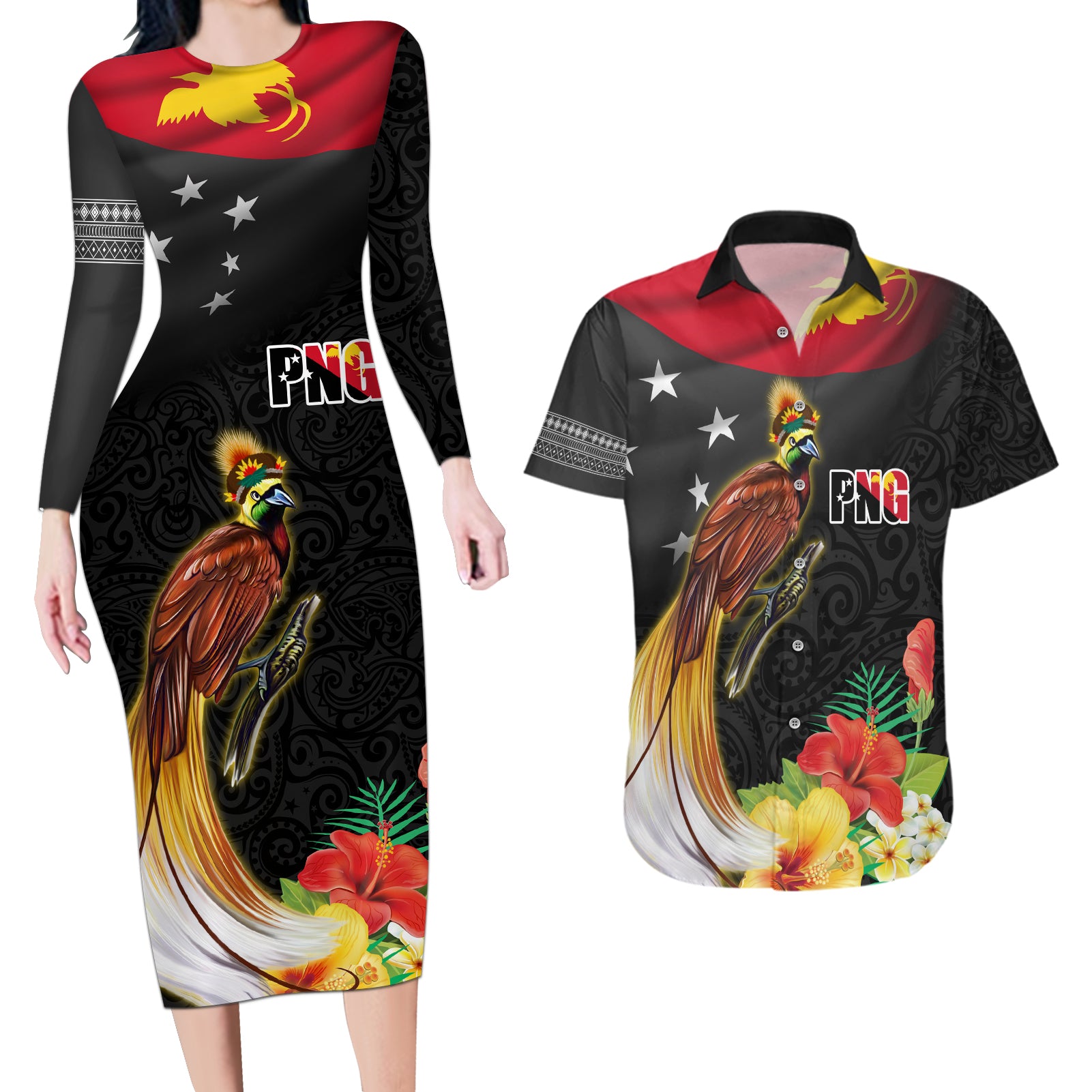 Papua New Guinea Independence Day Couples Matching Long Sleeve Bodycon Dress and Hawaiian Shirt PNG Flag and Bird-of-Paradise