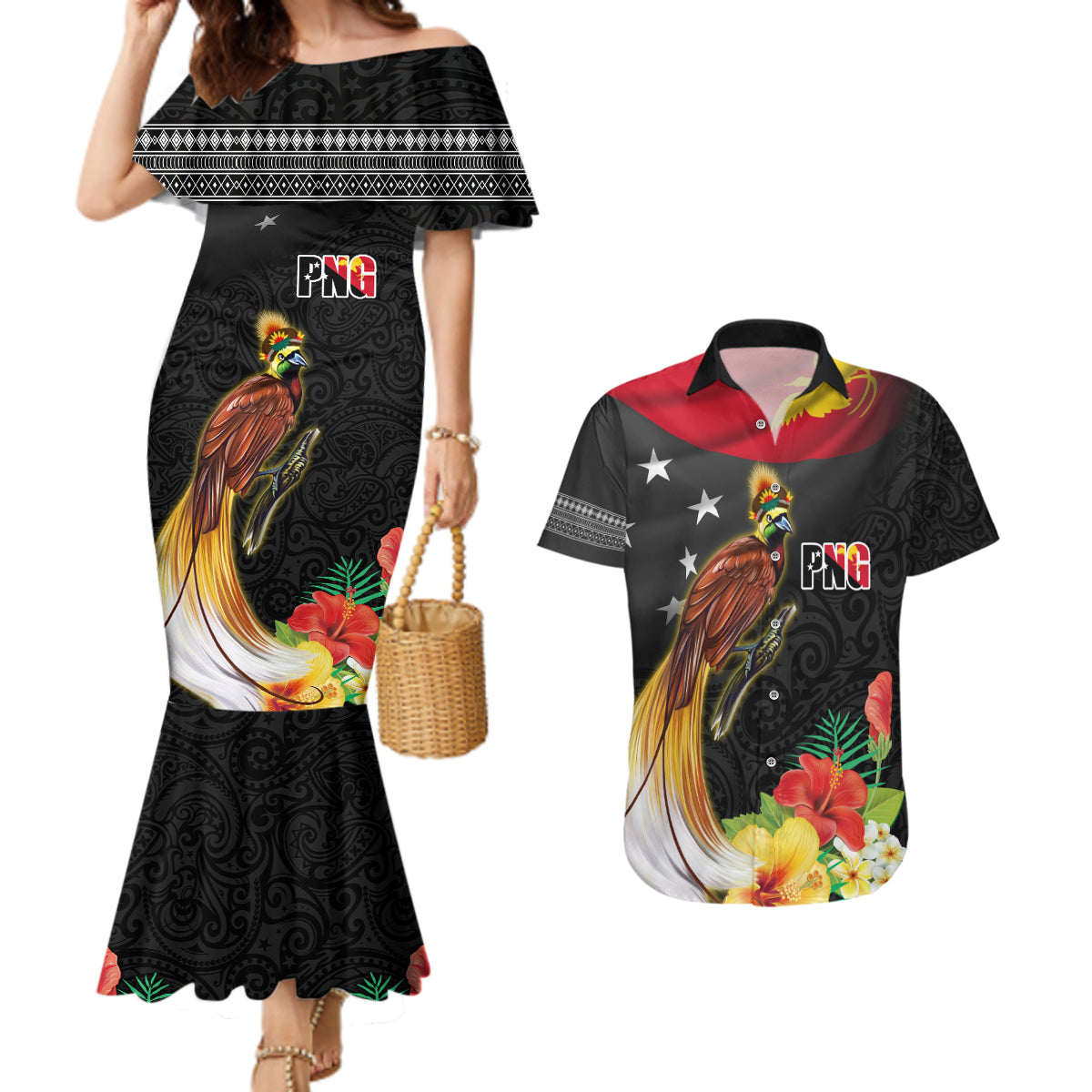 Papua New Guinea Independence Day Couples Matching Mermaid Dress and Hawaiian Shirt PNG Flag and Bird-of-Paradise