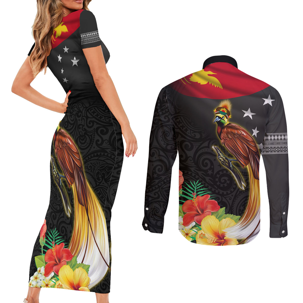 Papua New Guinea Independence Day Couples Matching Short Sleeve Bodycon Dress and Long Sleeve Button Shirt PNG Flag and Bird-of-Paradise