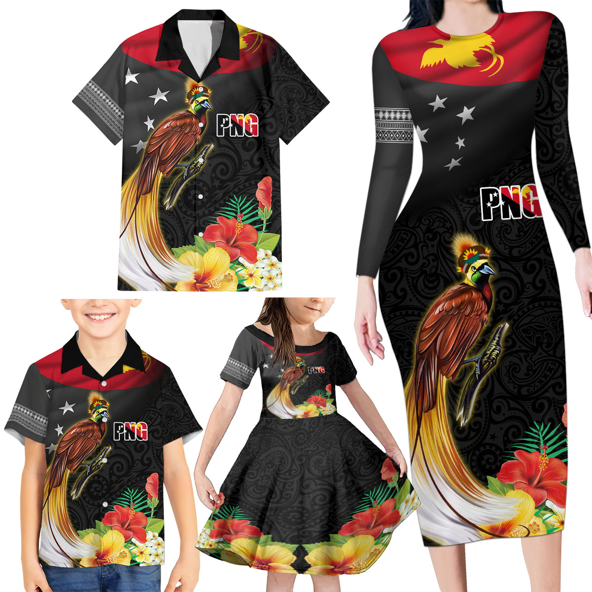 Papua New Guinea Independence Day Family Matching Long Sleeve Bodycon Dress and Hawaiian Shirt PNG Flag and Bird-of-Paradise