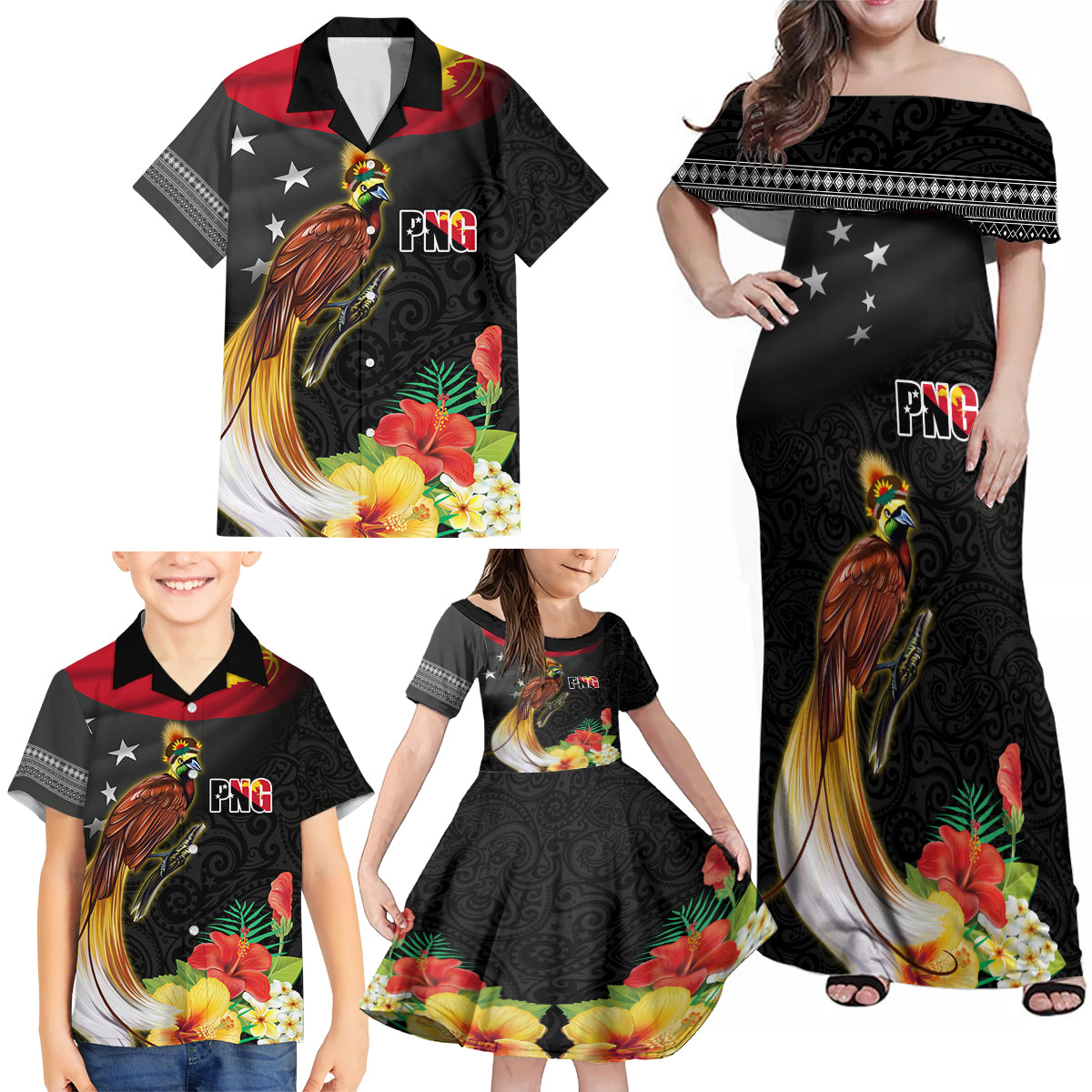Papua New Guinea Independence Day Family Matching Off Shoulder Maxi Dress and Hawaiian Shirt PNG Flag and Bird-of-Paradise LT03 - Polynesian Pride