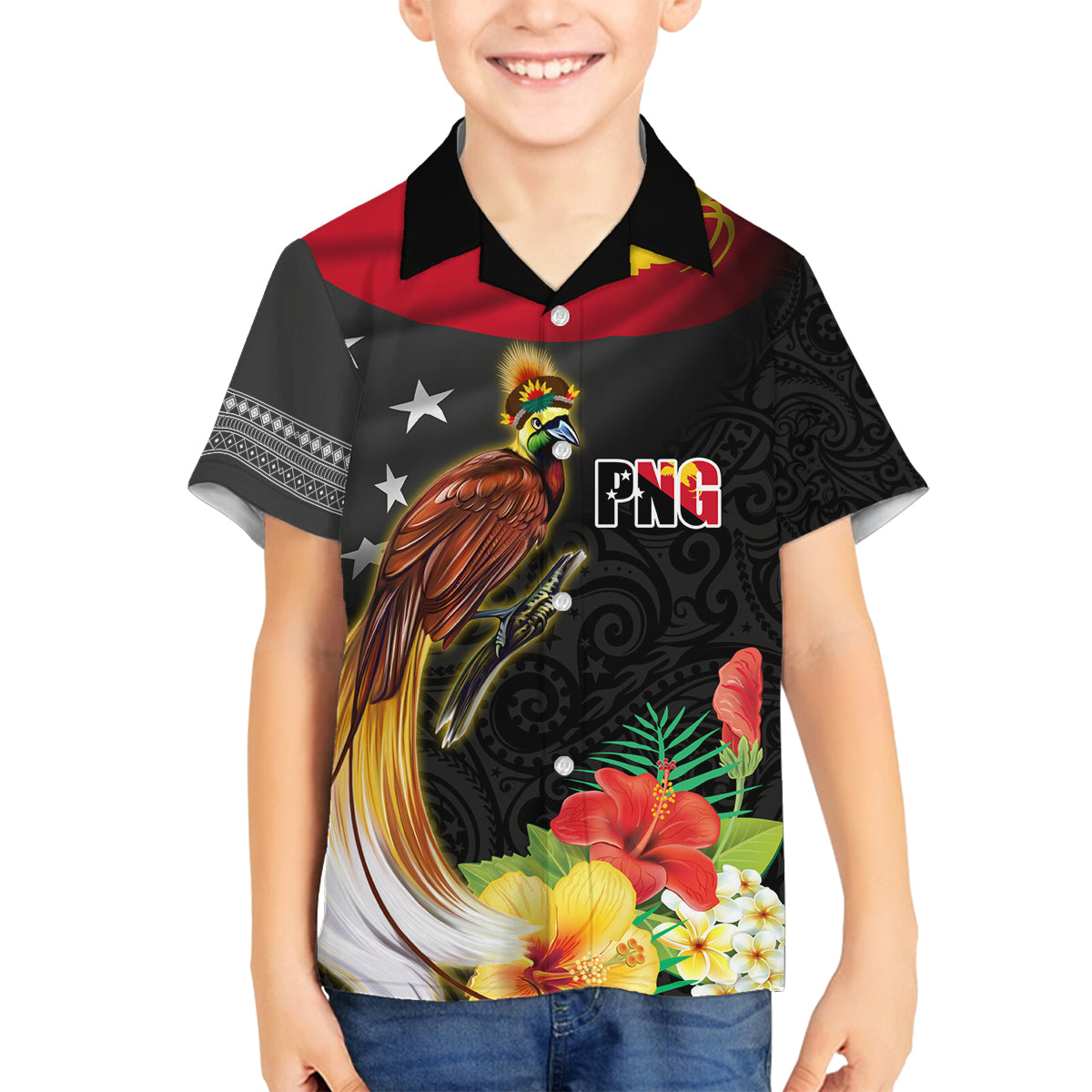 Papua New Guinea Independence Day Family Matching Off Shoulder Maxi Dress and Hawaiian Shirt PNG Flag and Bird-of-Paradise