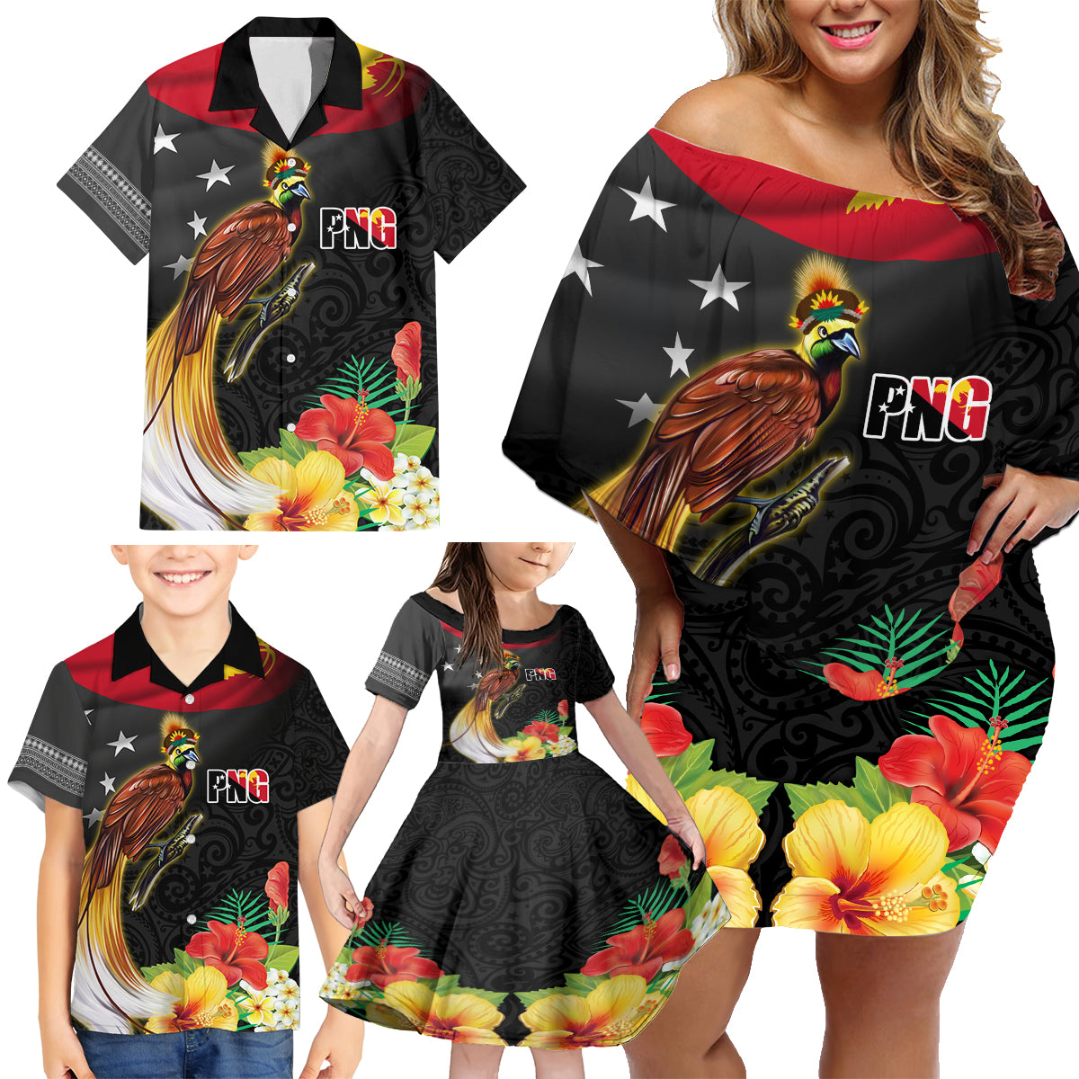 Papua New Guinea Independence Day Family Matching Off Shoulder Short Dress and Hawaiian Shirt PNG Flag and Bird-of-Paradise