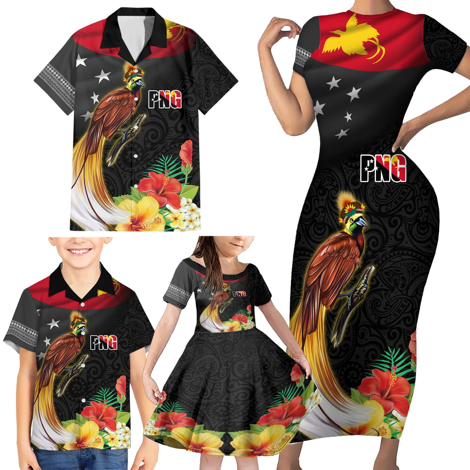 Papua New Guinea Independence Day Family Matching Short Sleeve Bodycon Dress and Hawaiian Shirt PNG Flag and Bird-of-Paradise LT03 - Polynesian Pride
