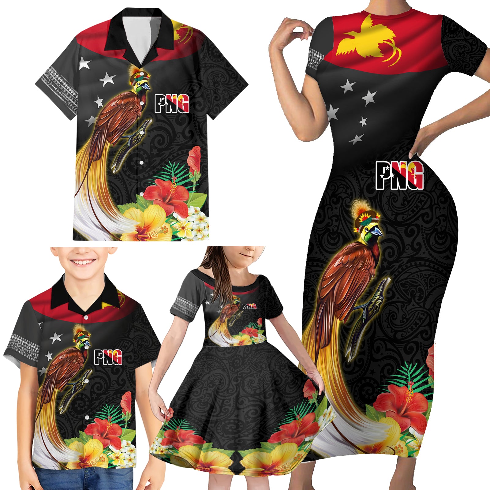 Papua New Guinea Independence Day Family Matching Short Sleeve Bodycon Dress and Hawaiian Shirt PNG Flag and Bird-of-Paradise