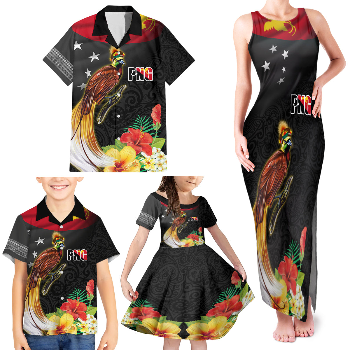 Papua New Guinea Independence Day Family Matching Tank Maxi Dress and Hawaiian Shirt PNG Flag and Bird-of-Paradise