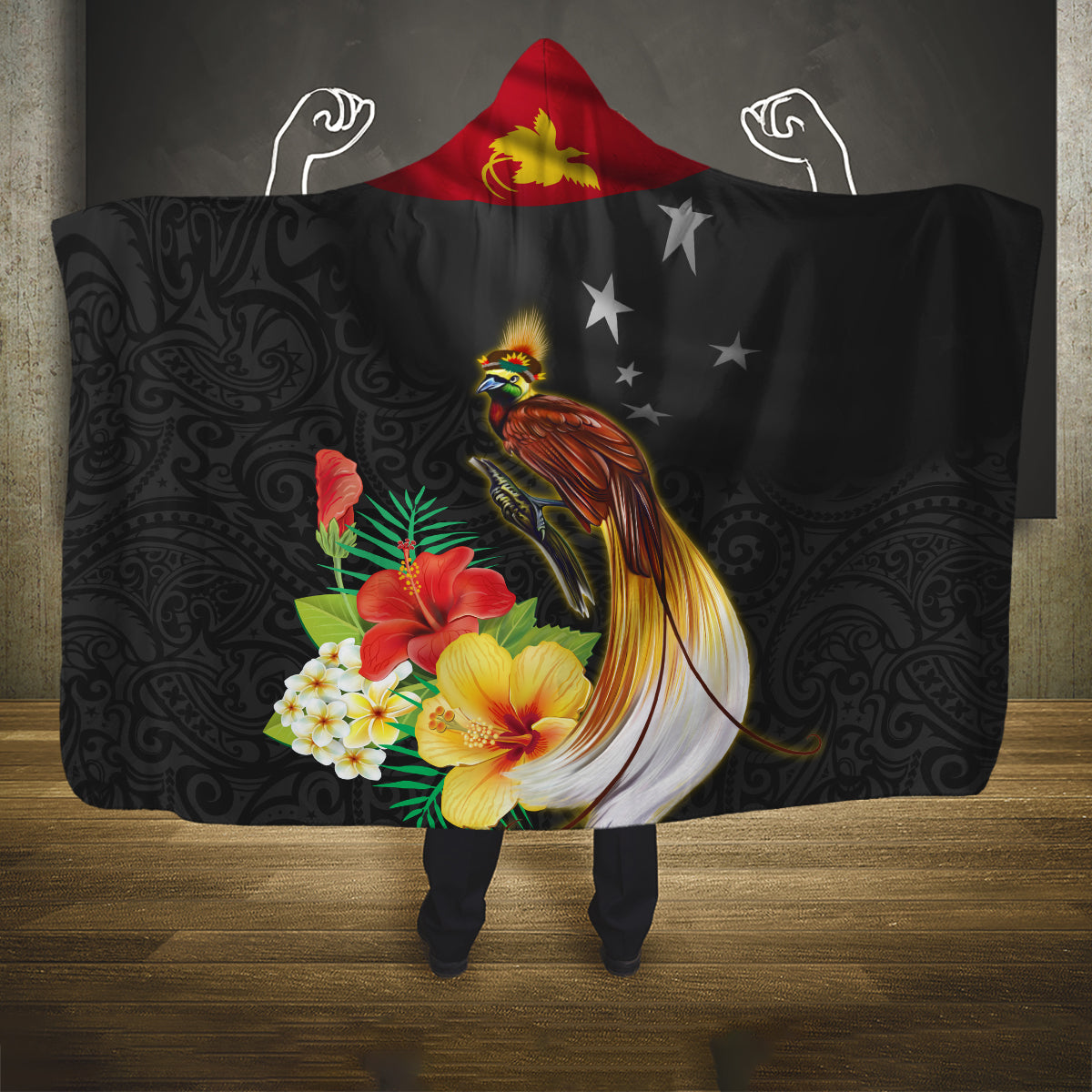 Papua New Guinea Independence Day Hooded Blanket PNG Flag and Bird-of-Paradise LT03 One Size Black - Polynesian Pride