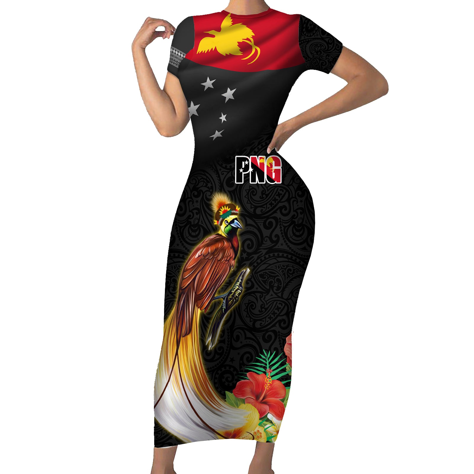 Papua New Guinea Independence Day Short Sleeve Bodycon Dress PNG Flag and Bird-of-Paradise