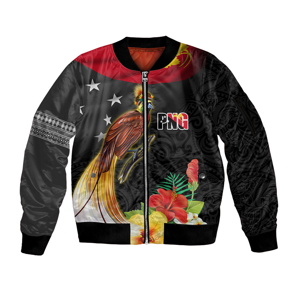 Papua New Guinea Independence Day Sleeve Zip Bomber Jacket PNG Flag and Bird-of-Paradise LT03 Unisex Black - Polynesian Pride