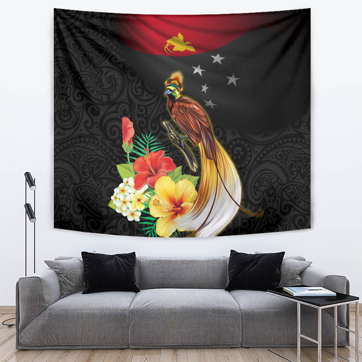 Papua New Guinea Independence Day Tapestry PNG Flag and Bird-of-Paradise LT03 Black - Polynesian Pride