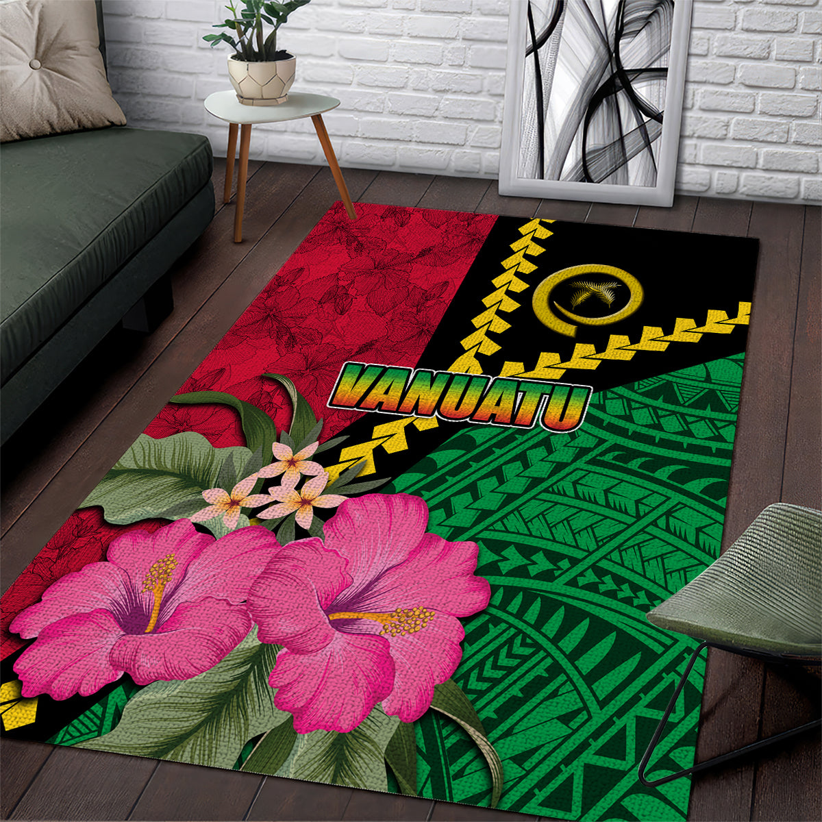 Vanuatu Flag Hibiscus Polynesian Pattern Area Rug