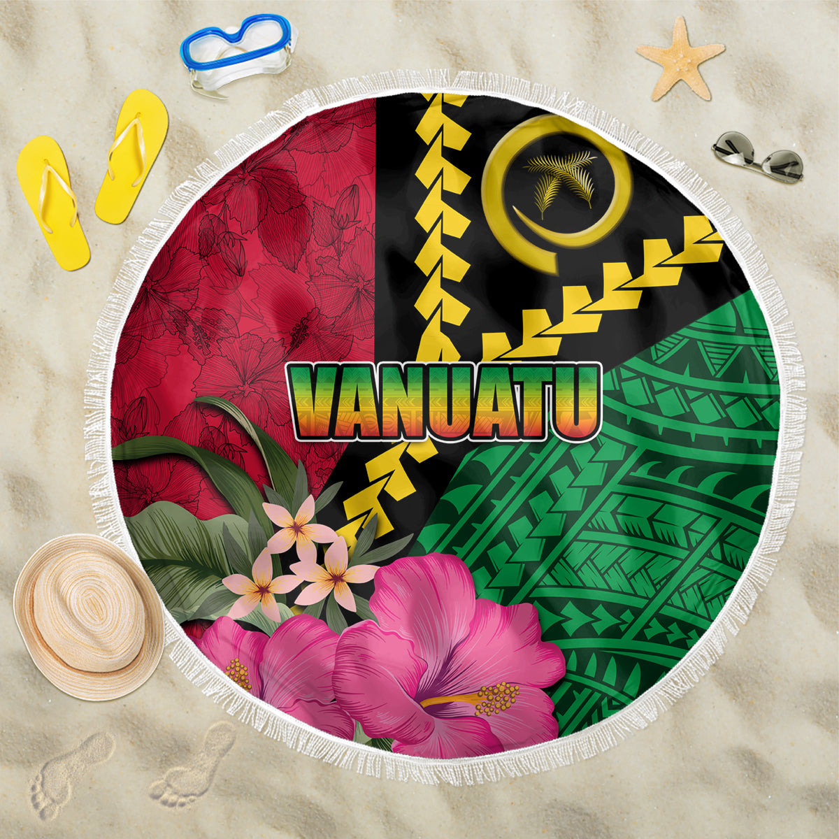 Vanuatu Flag Hibiscus Polynesian Pattern Beach Blanket LT03 One Size 150cm Black - Polynesian Pride