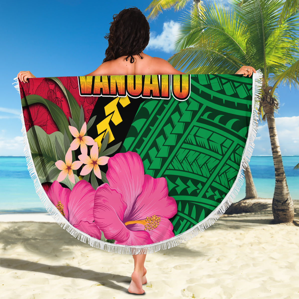 Vanuatu Flag Hibiscus Polynesian Pattern Beach Blanket LT03 - Polynesian Pride