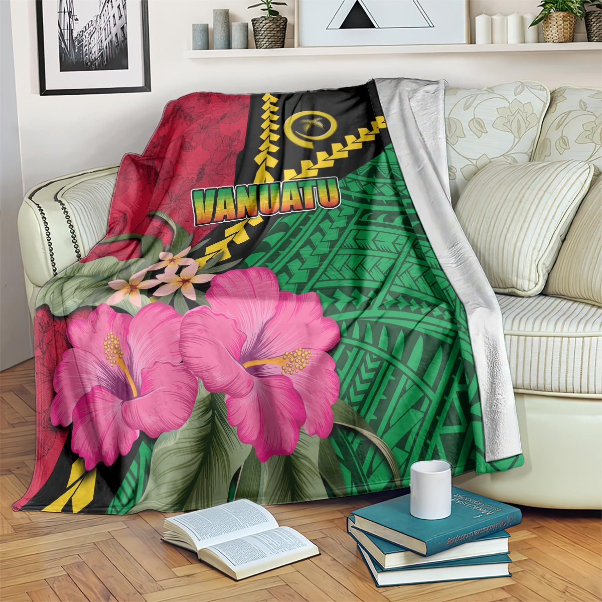 Vanuatu Flag Hibiscus Polynesian Pattern Blanket