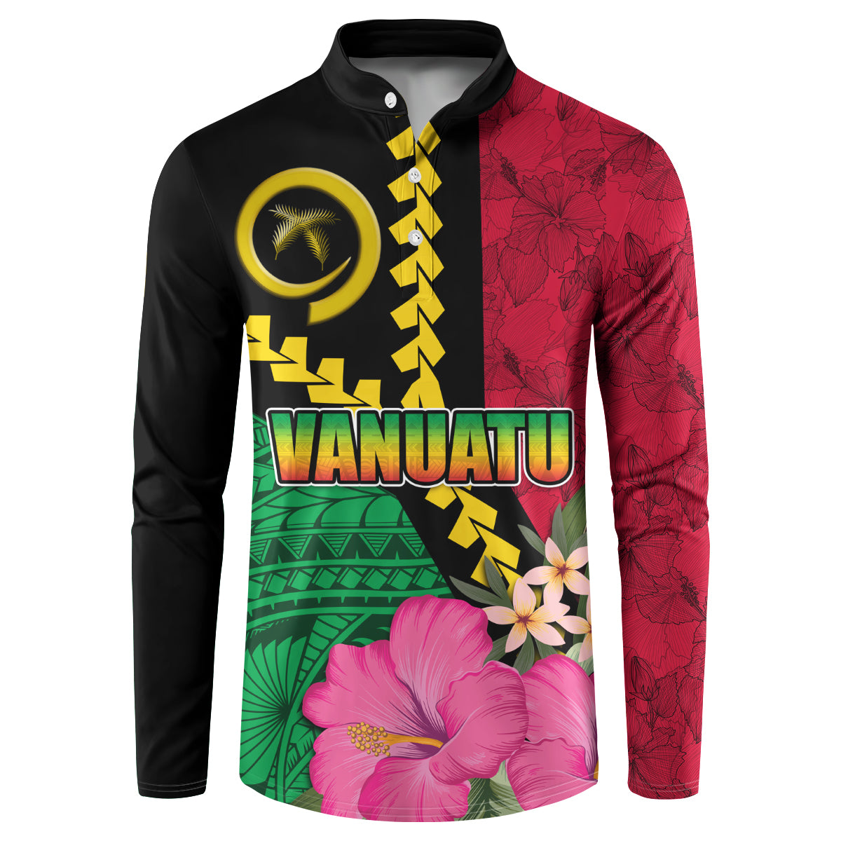 Vanuatu Flag Hibiscus Polynesian Pattern Button Sweatshirt LT03 Black - Polynesian Pride