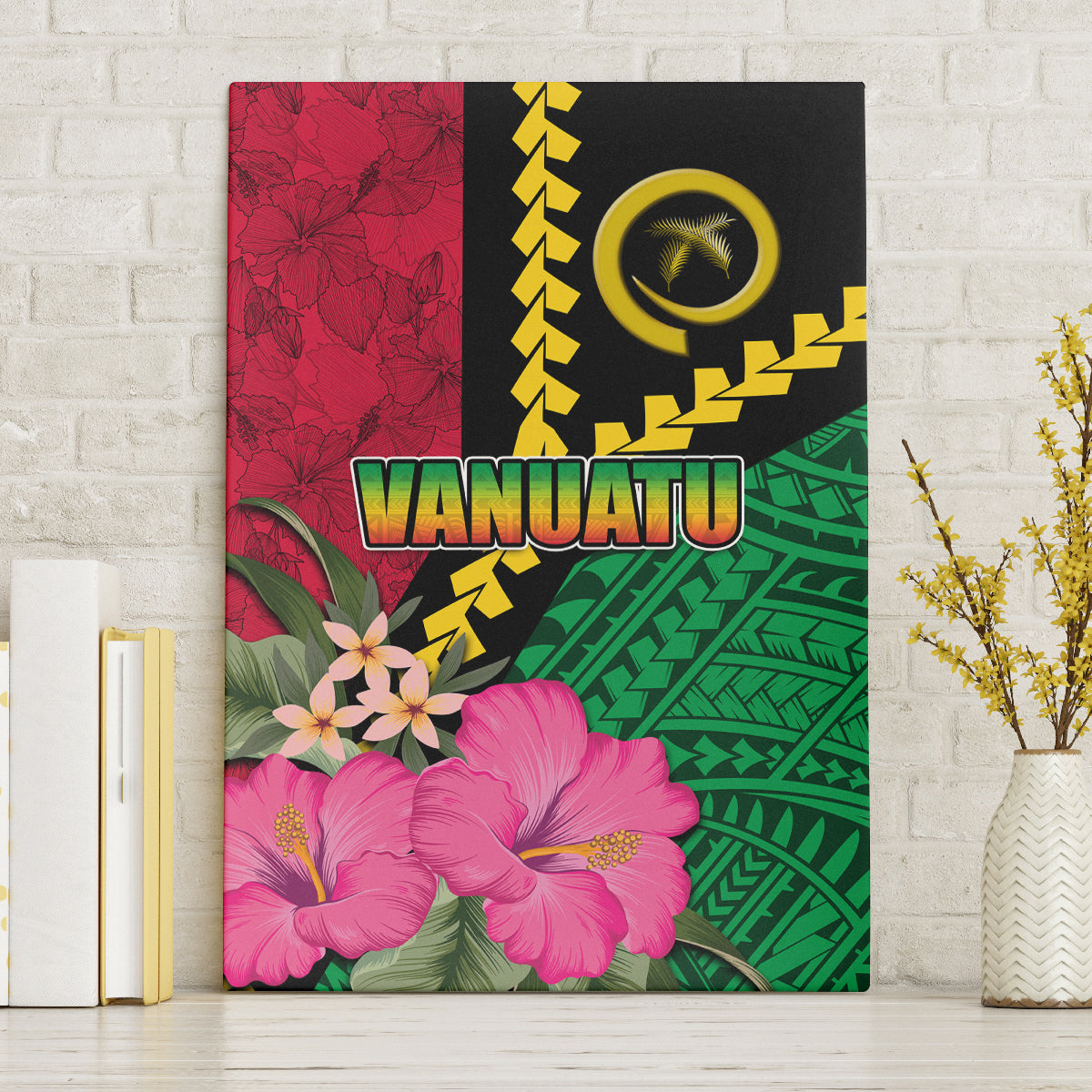 Vanuatu Flag Hibiscus Polynesian Pattern Canvas Wall Art LT03 Without Frame Black - Polynesian Pride