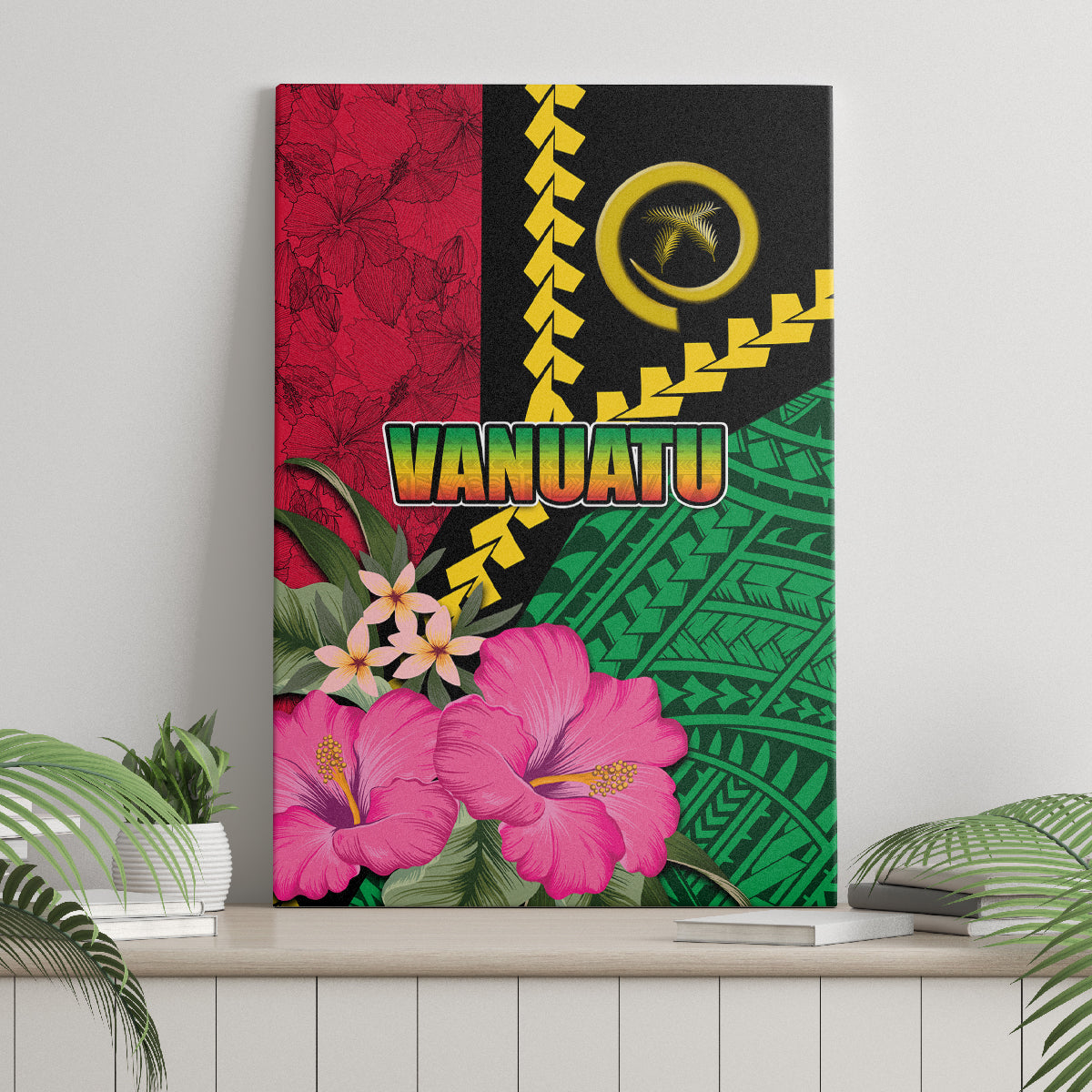 Vanuatu Flag Hibiscus Polynesian Pattern Canvas Wall Art LT03 - Polynesian Pride