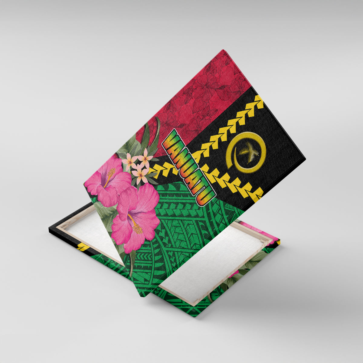 Vanuatu Flag Hibiscus Polynesian Pattern Canvas Wall Art LT03 With Frame Black - Polynesian Pride