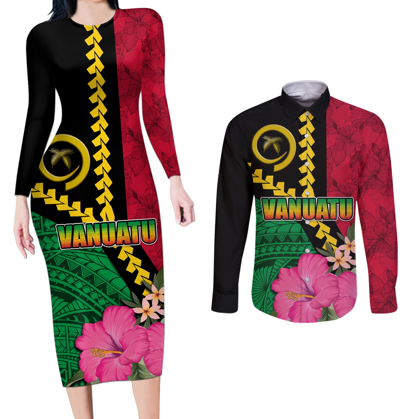 Vanuatu Flag Hibiscus Polynesian Pattern Couples Matching Long Sleeve Bodycon Dress and Long Sleeve Button Shirt LT03 Black - Polynesian Pride