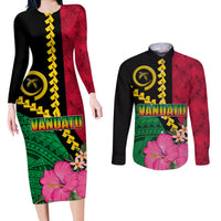 Vanuatu Flag Hibiscus Polynesian Pattern Couples Matching Long Sleeve Bodycon Dress and Long Sleeve Button Shirt LT03 Black - Polynesian Pride