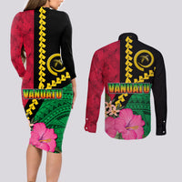 Vanuatu Flag Hibiscus Polynesian Pattern Couples Matching Long Sleeve Bodycon Dress and Long Sleeve Button Shirt LT03 - Polynesian Pride