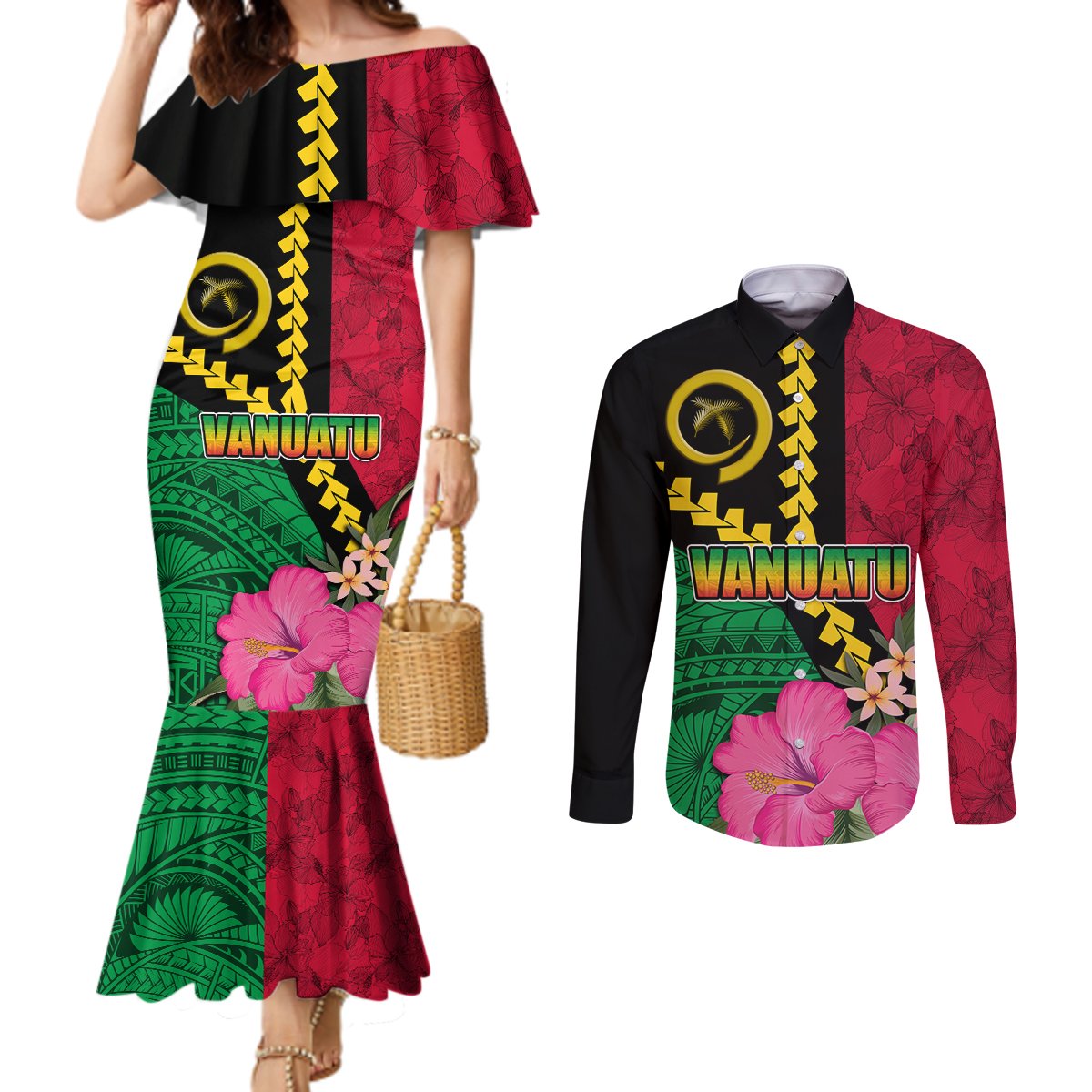 Vanuatu Flag Hibiscus Polynesian Pattern Couples Matching Mermaid Dress and Long Sleeve Button Shirt LT03 Black - Polynesian Pride