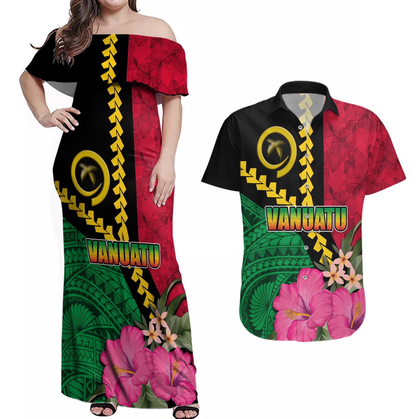 Vanuatu Flag Hibiscus Polynesian Pattern Couples Matching Off Shoulder Maxi Dress and Hawaiian Shirt