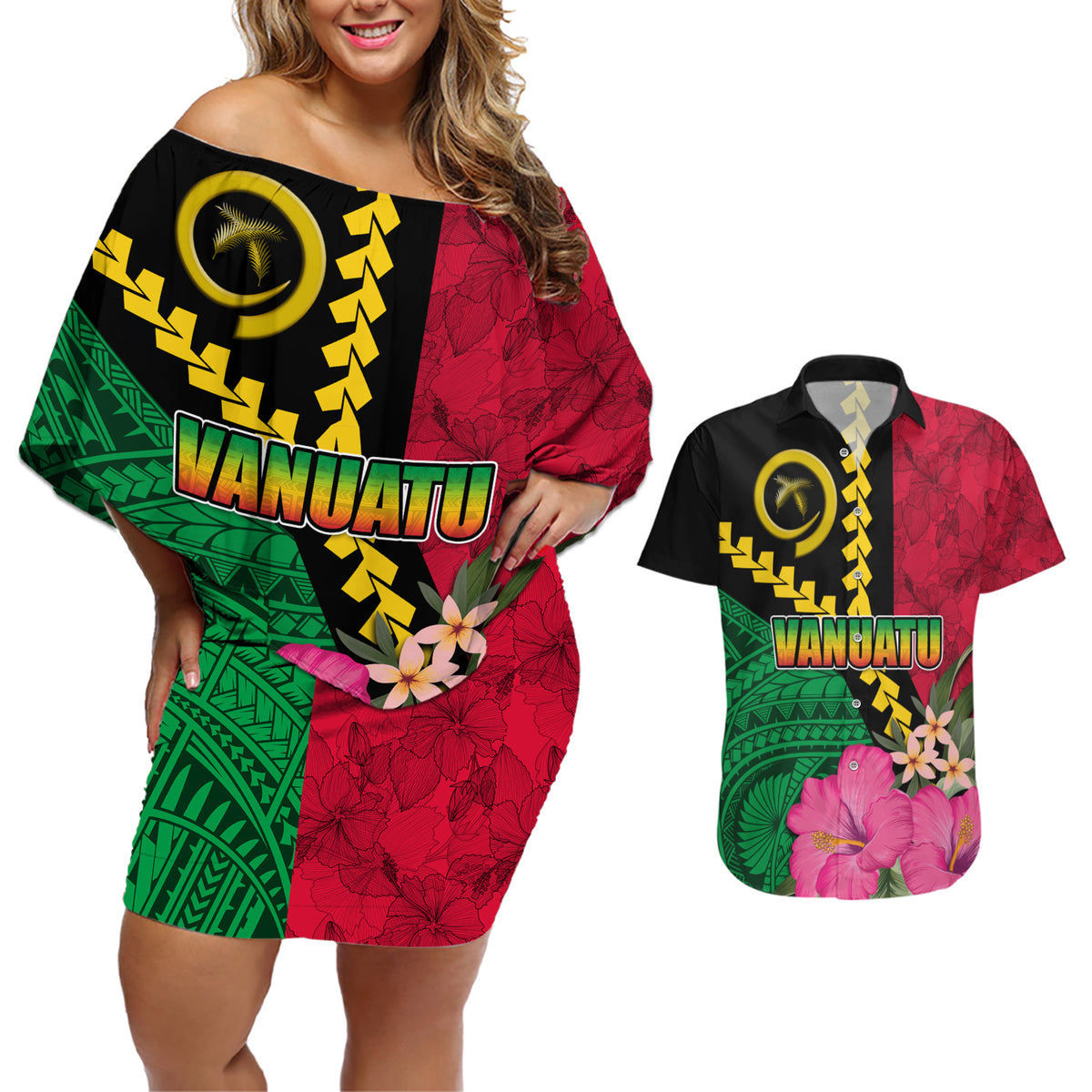 Vanuatu Flag Hibiscus Polynesian Pattern Couples Matching Off Shoulder Short Dress and Hawaiian Shirt