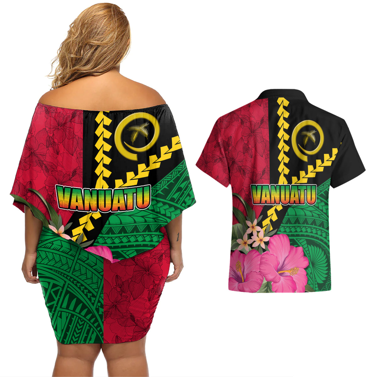 Vanuatu Flag Hibiscus Polynesian Pattern Couples Matching Off Shoulder Short Dress and Hawaiian Shirt