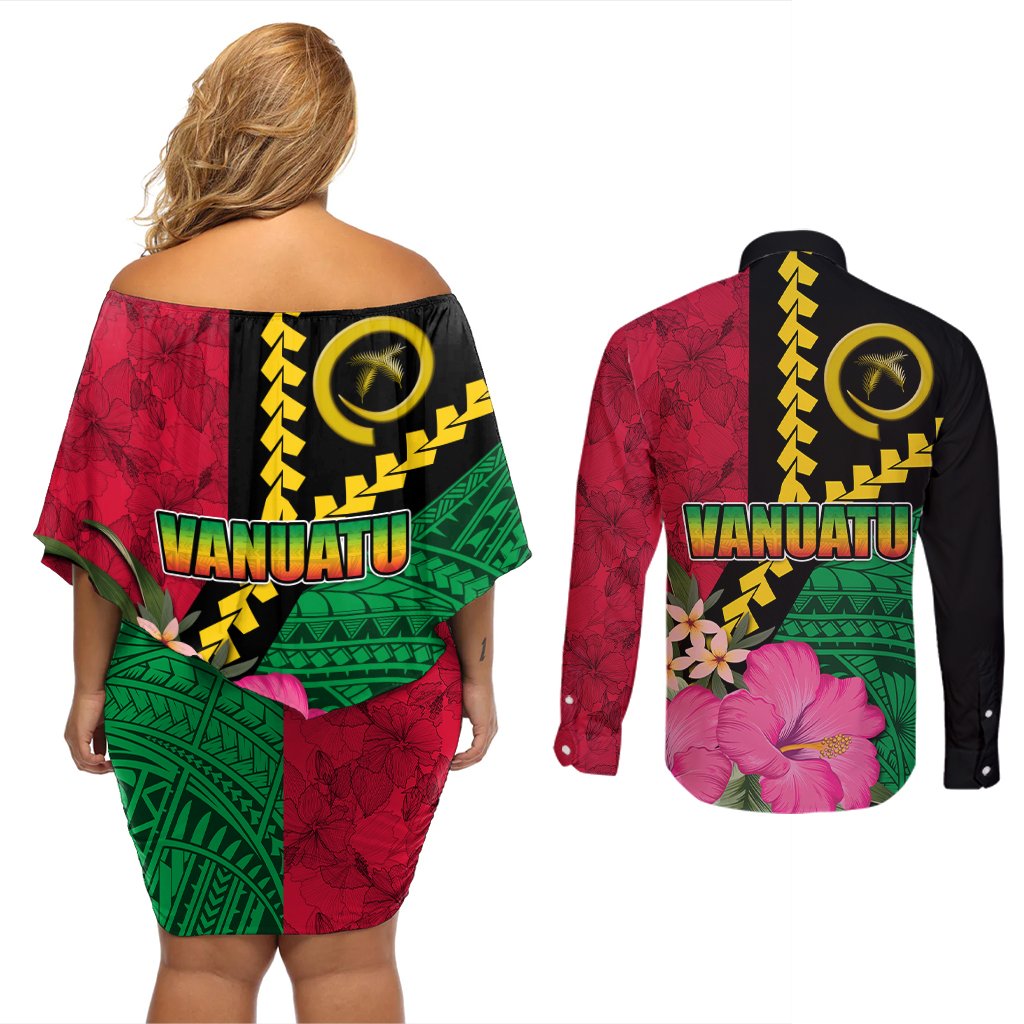 Vanuatu Flag Hibiscus Polynesian Pattern Couples Matching Off Shoulder Short Dress and Long Sleeve Button Shirt LT03 - Polynesian Pride