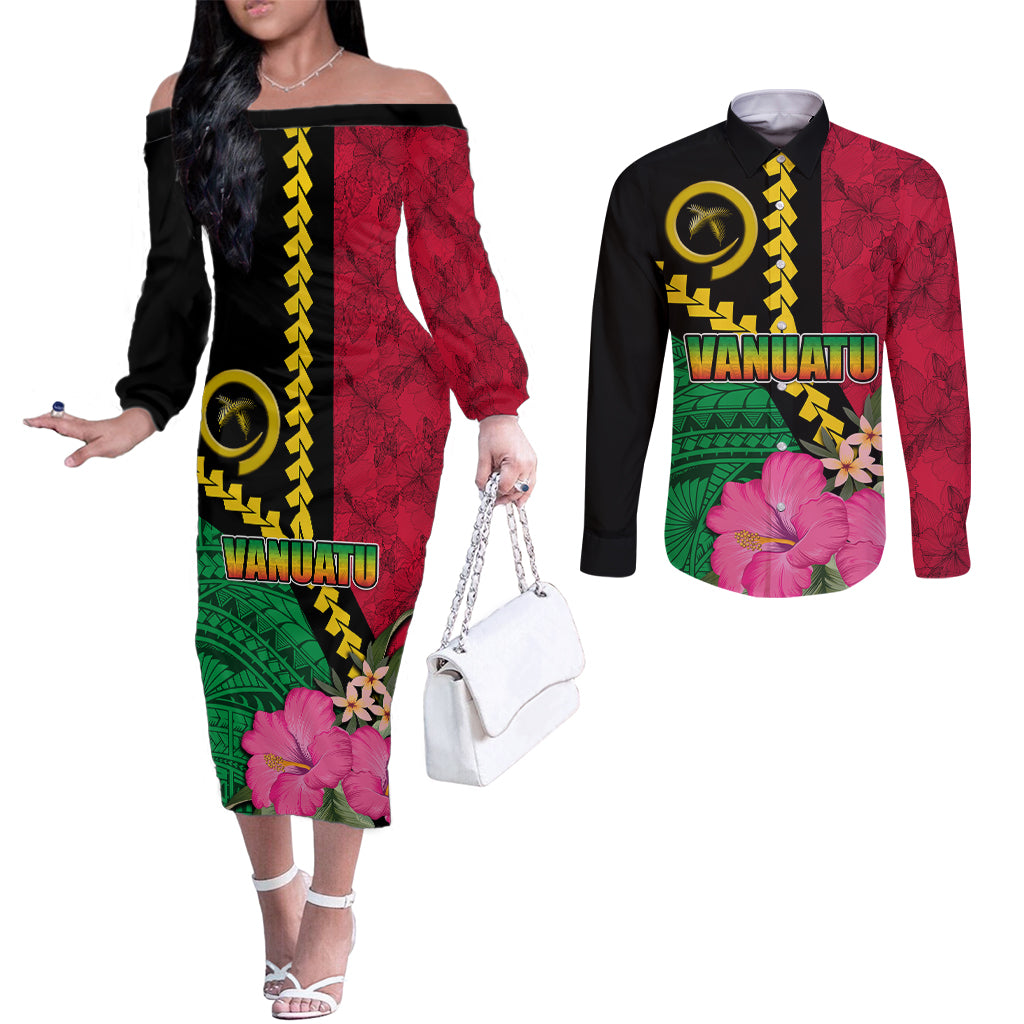 Vanuatu Flag Hibiscus Polynesian Pattern Couples Matching Off The Shoulder Long Sleeve Dress and Long Sleeve Button Shirt LT03 Black - Polynesian Pride