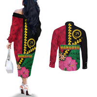 Vanuatu Flag Hibiscus Polynesian Pattern Couples Matching Off The Shoulder Long Sleeve Dress and Long Sleeve Button Shirt LT03 - Polynesian Pride