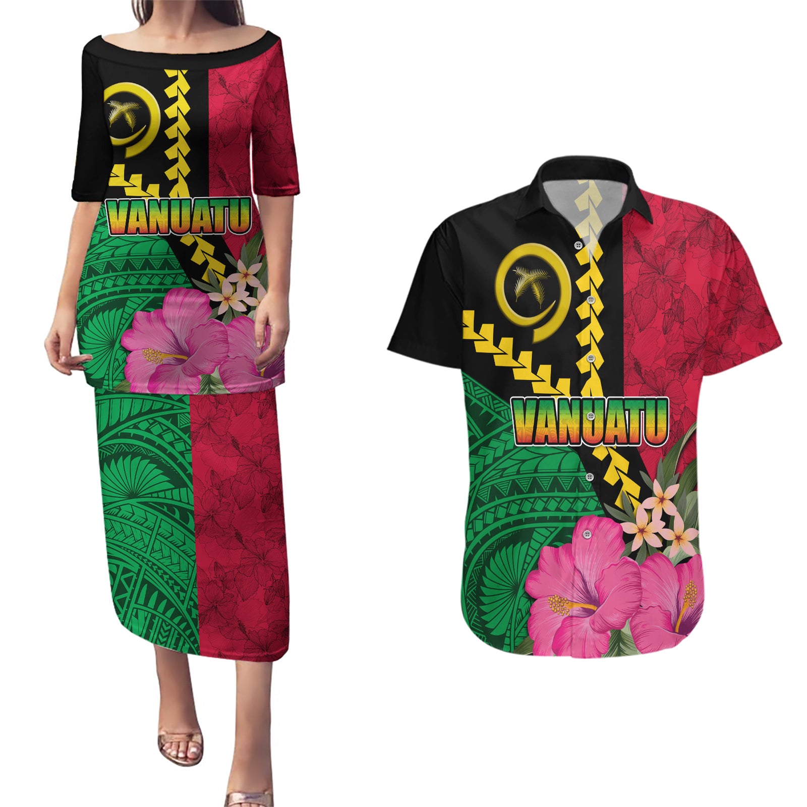 Vanuatu Flag Hibiscus Polynesian Pattern Couples Matching Puletasi and Hawaiian Shirt